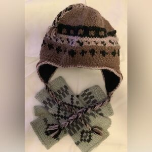 100% Nepal Wool Brown Beanie and 12% Wool Gray Knit Gloves Adult